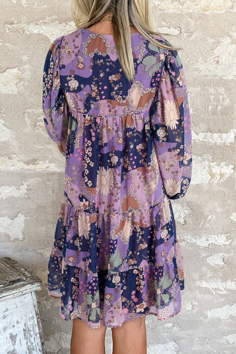 Purple Vintage Daisy Floral Puff Sleeve Ruffle Short Dress eAura