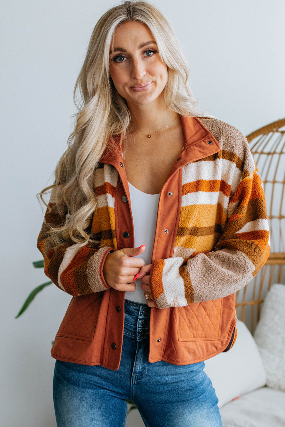 Brown Quilted Patch Pockets Aztec Furry Jacket BB Fashion Outlet