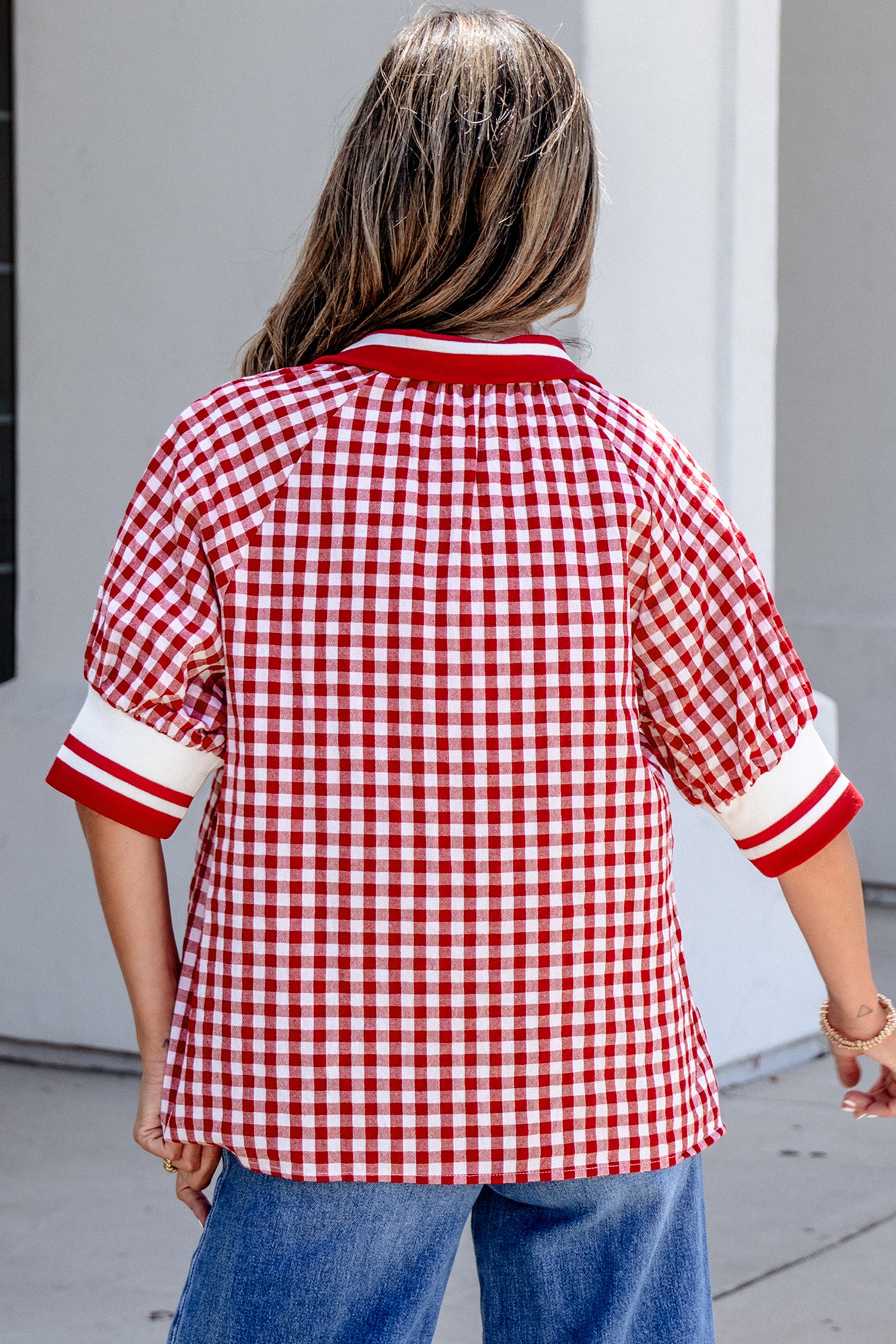 Gingham Striped Patchwork Half Zip Blouse – Red