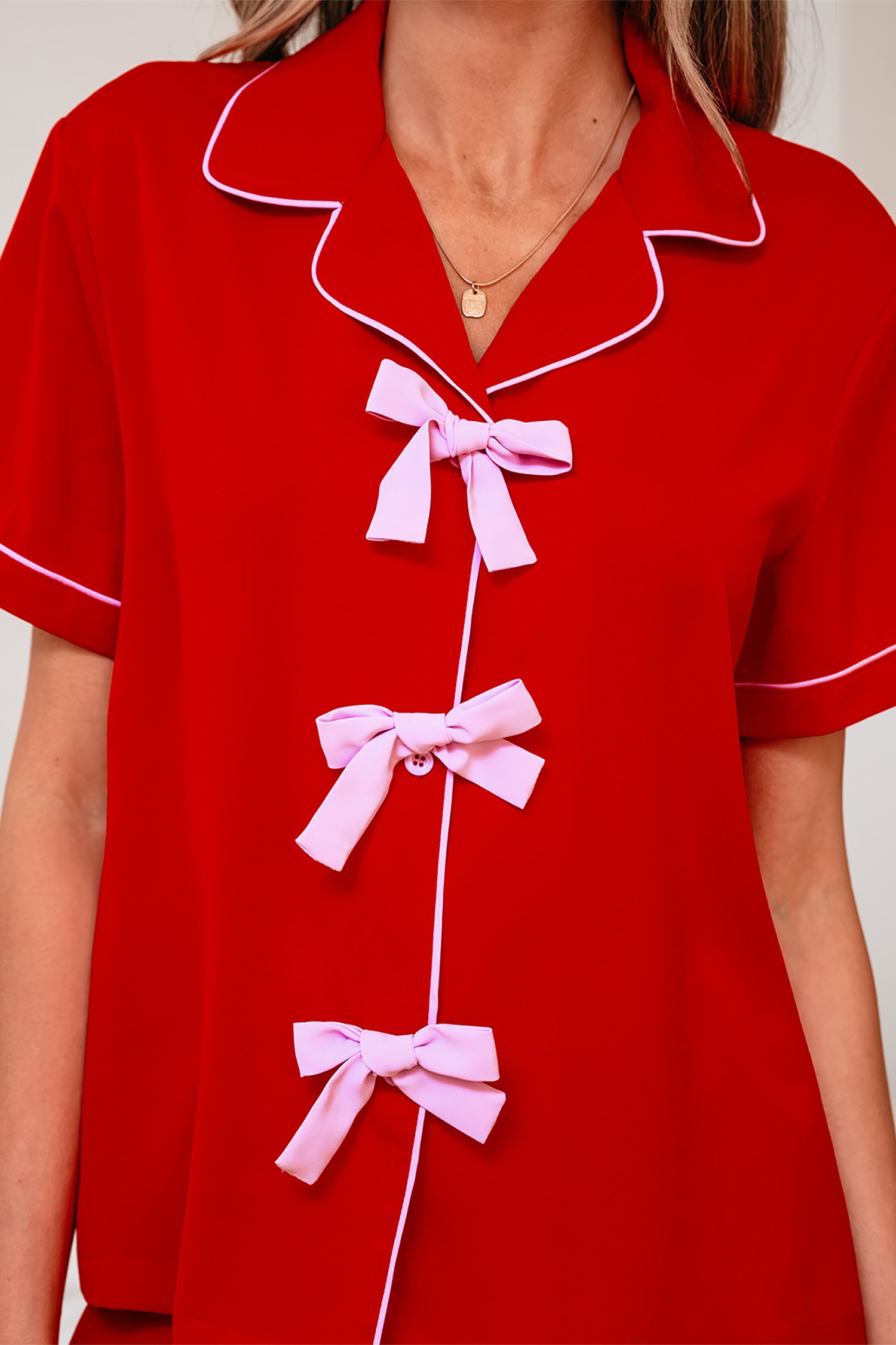 Contrast Trim Ribbon Bow Short Silky 2pcs Pajama Set – Fiery Red