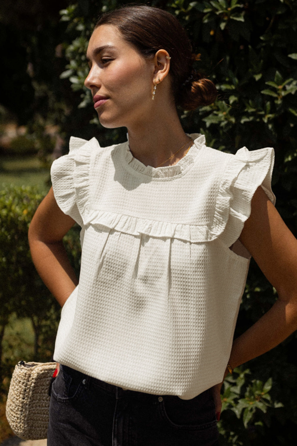 White Solid Colour Ruffle Trim Waffle Knit Blouse eAura