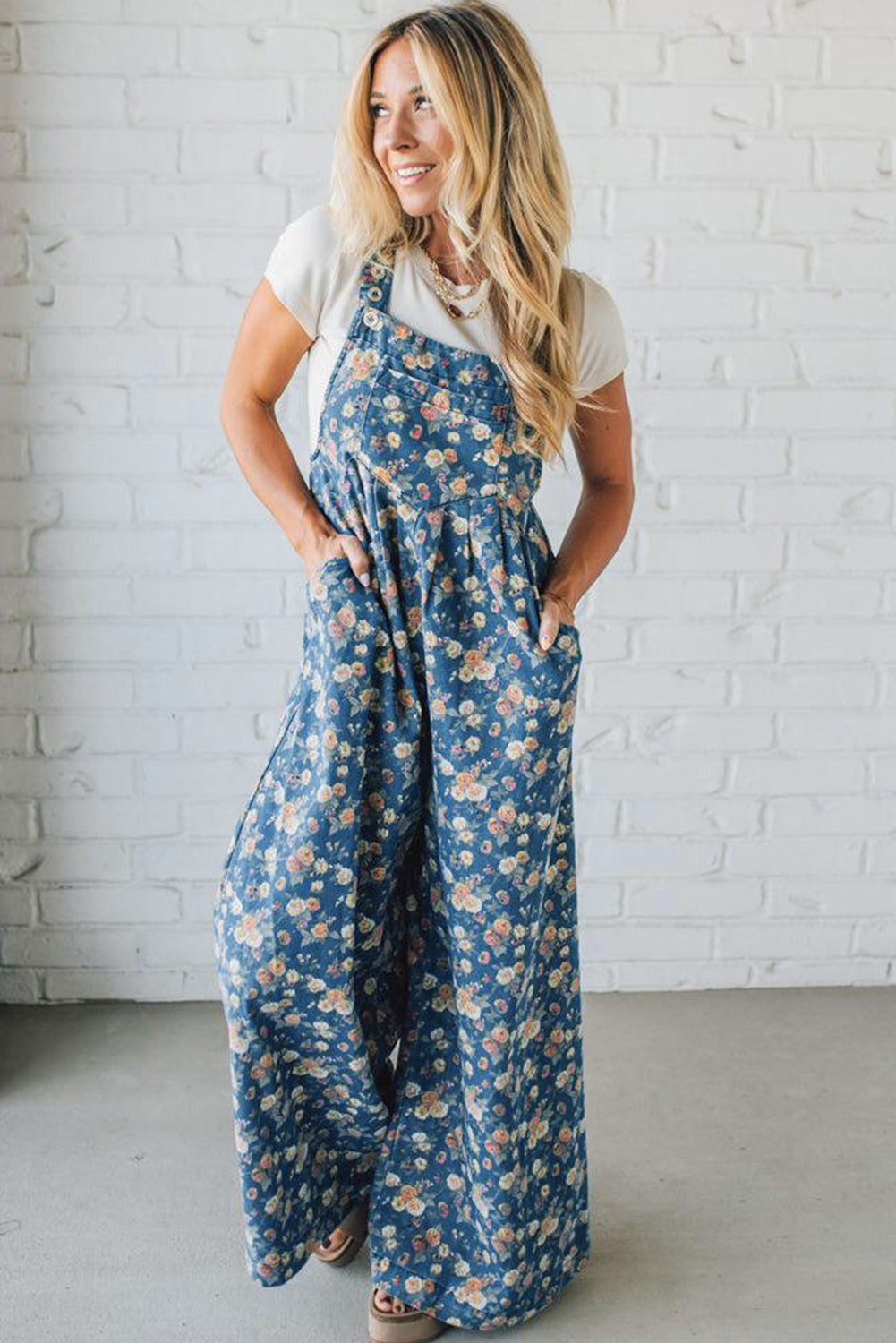 Blue Vintage Rose Printed Pleated Loose Denim Jumpsuit Dungarees