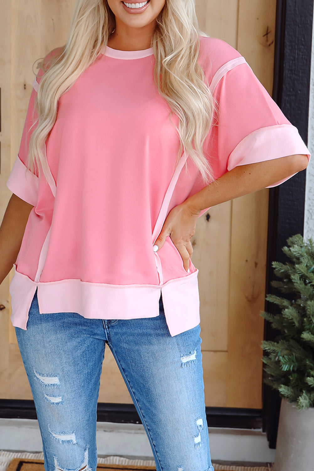Peach Blossom Half Sleeve Raw Seam High Low Side Split Top - eAura