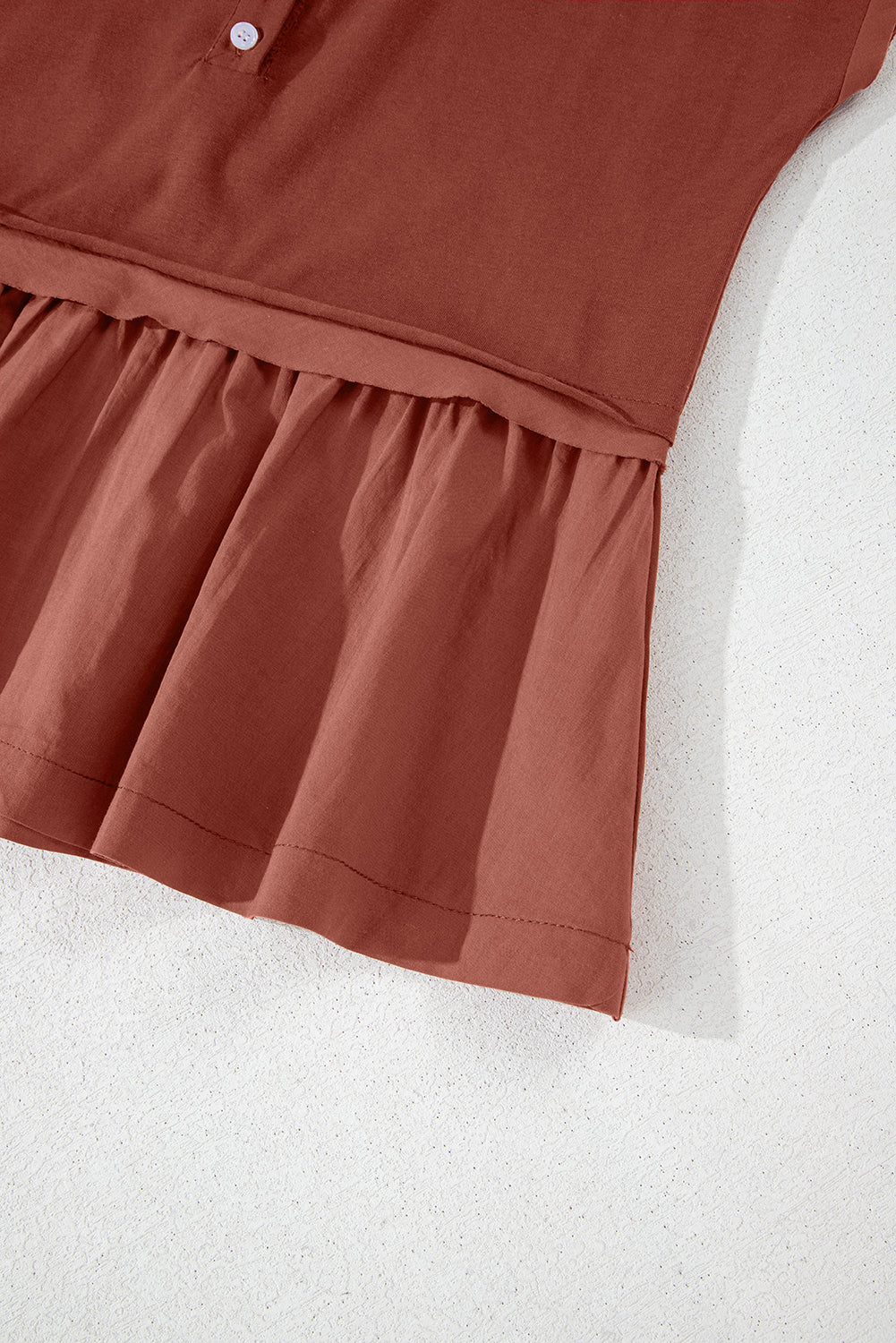 Chestnut Short Sleeve U Neck Buttons Splicing Ruffle Blouse eAura
