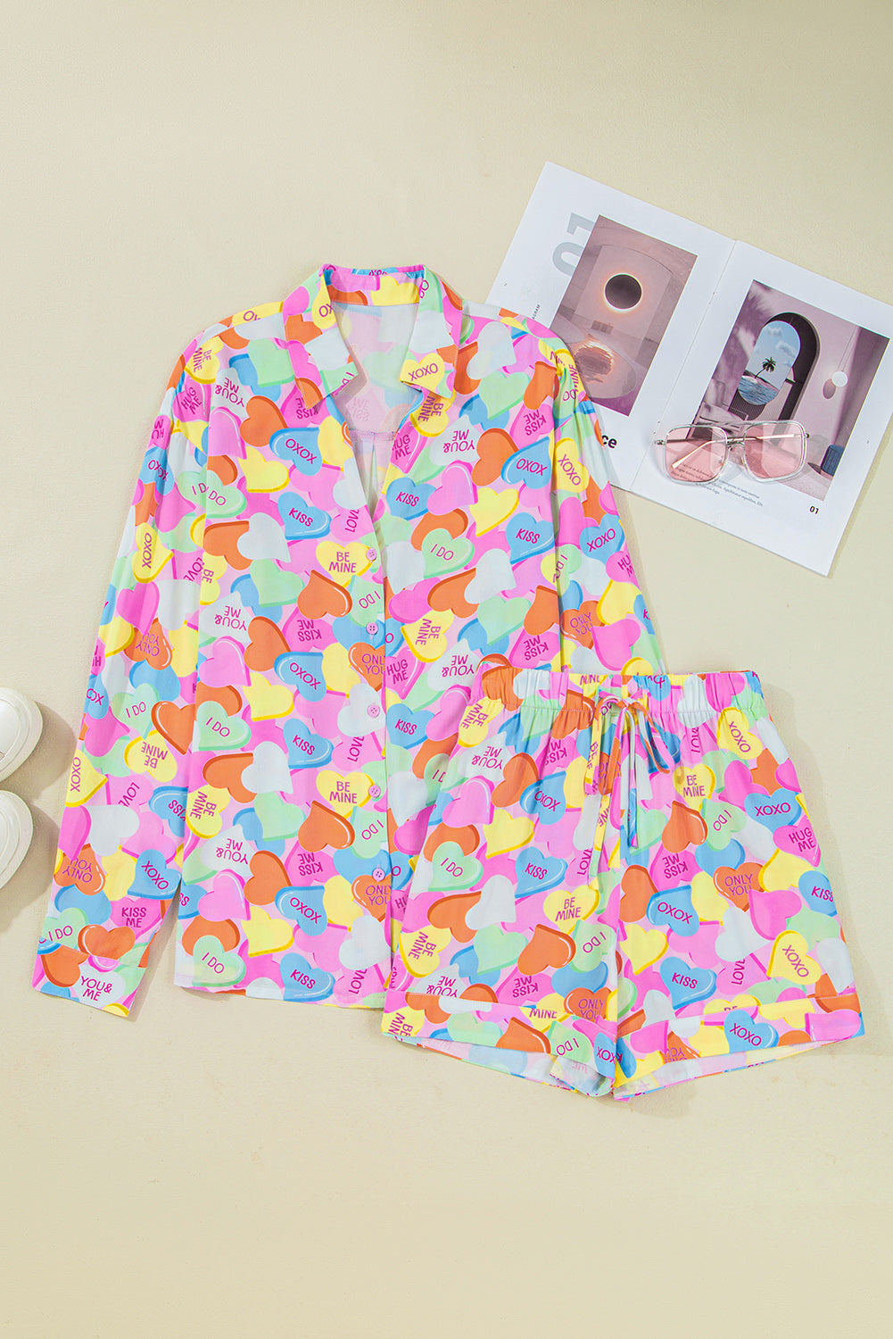 Candy Heart V-Neck Collared Tunic Shirt and Shorts Pyjama Set - eAura