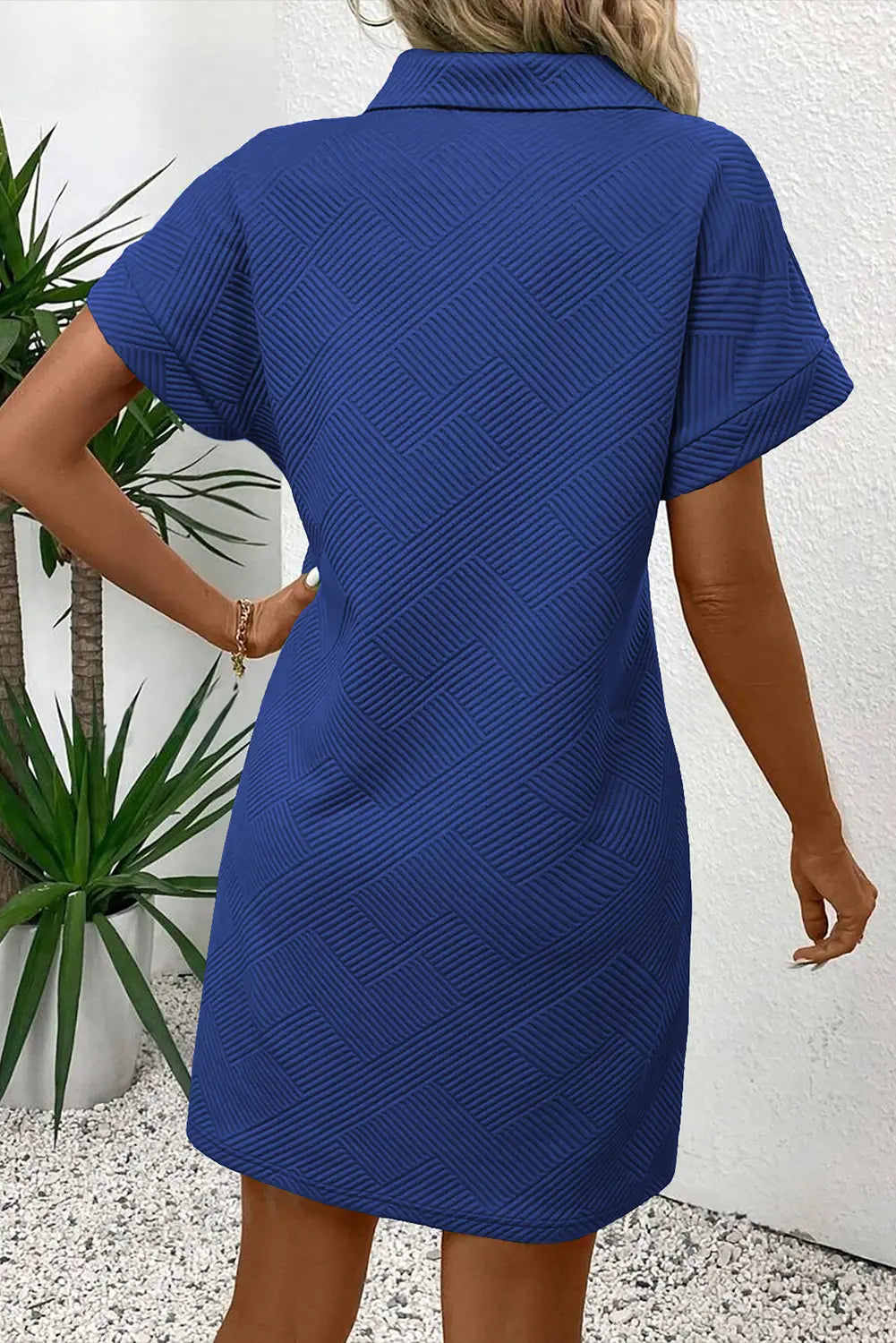 Sky Blue Solid Colour Textured Short Sleeve A Line Mini Dress – Light Blue