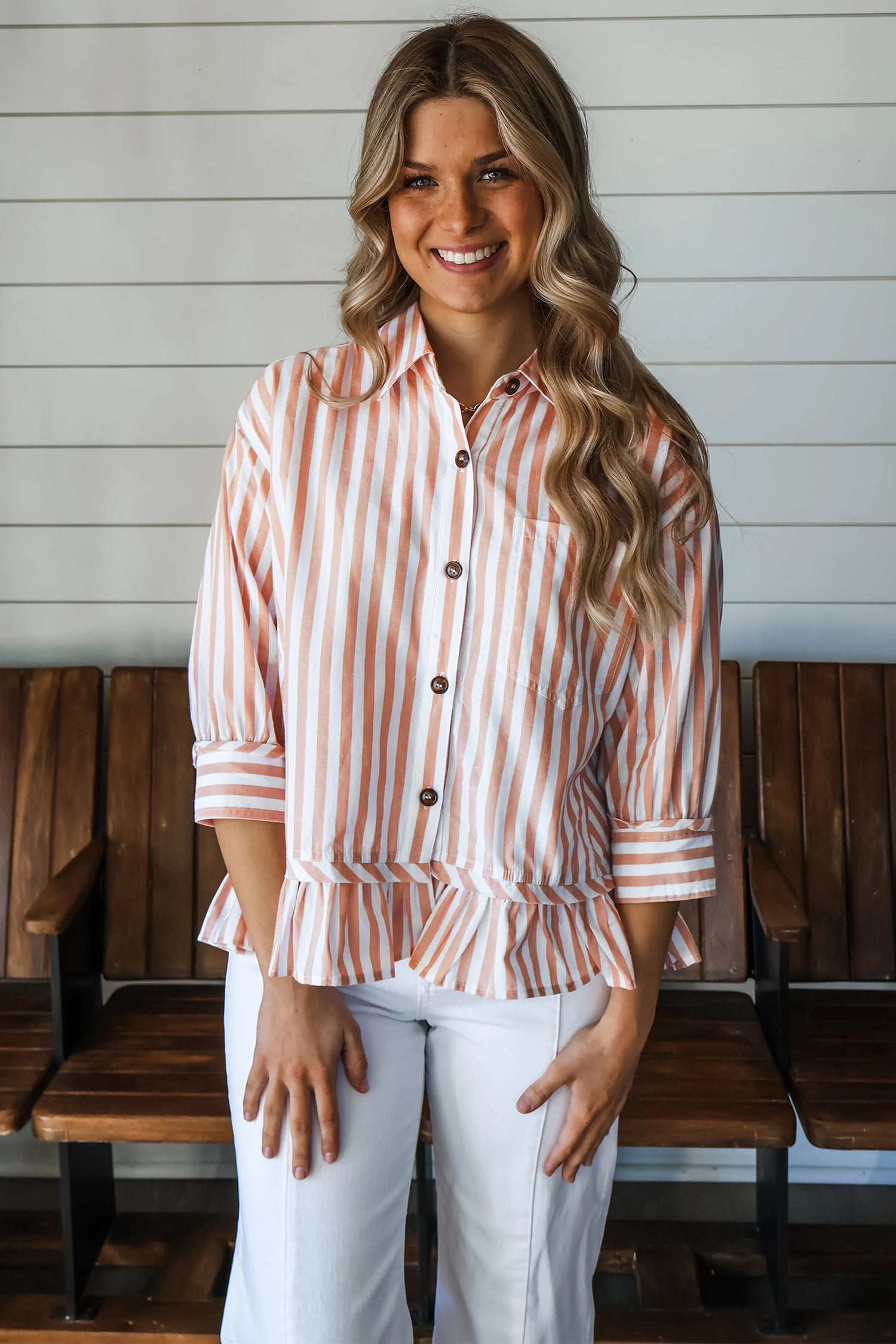 Button Front Ruffle Hem Bracelet Sleeve Shirt – Khaki Stripe