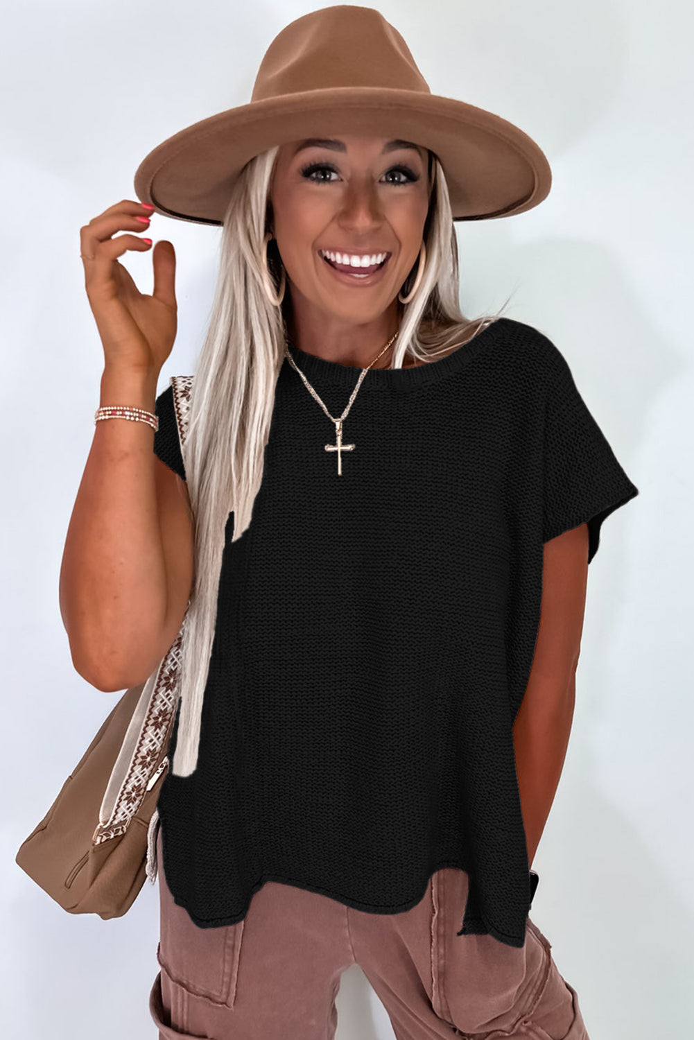 Sachet Pink Solid Color Sweater Tee with Side Slits BB Fashion Outlet