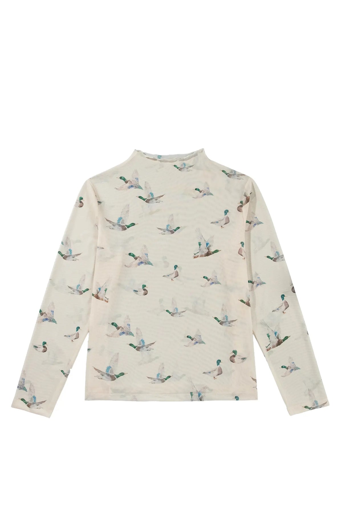 Mesh Duck Print Tunic Long Sleeve Plus Size Blouse – Beige