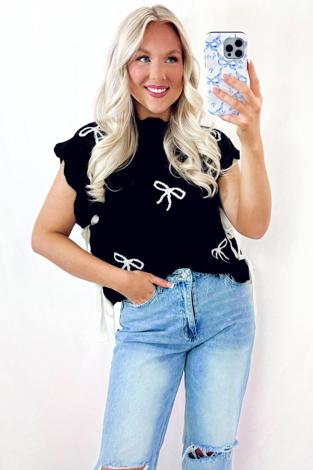Black Bow Print Side Ties Scalloped Hem Sweater eAura