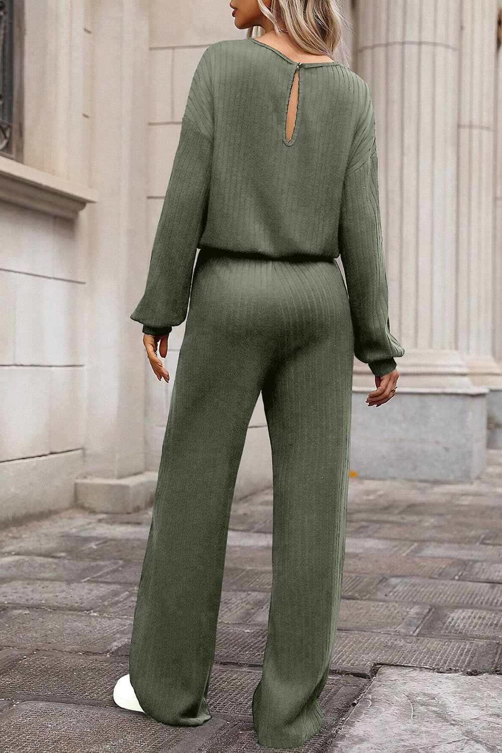 Laurel Green Solid Ribbed Knit Keyhole Back High Waist Jumpsuit eAura