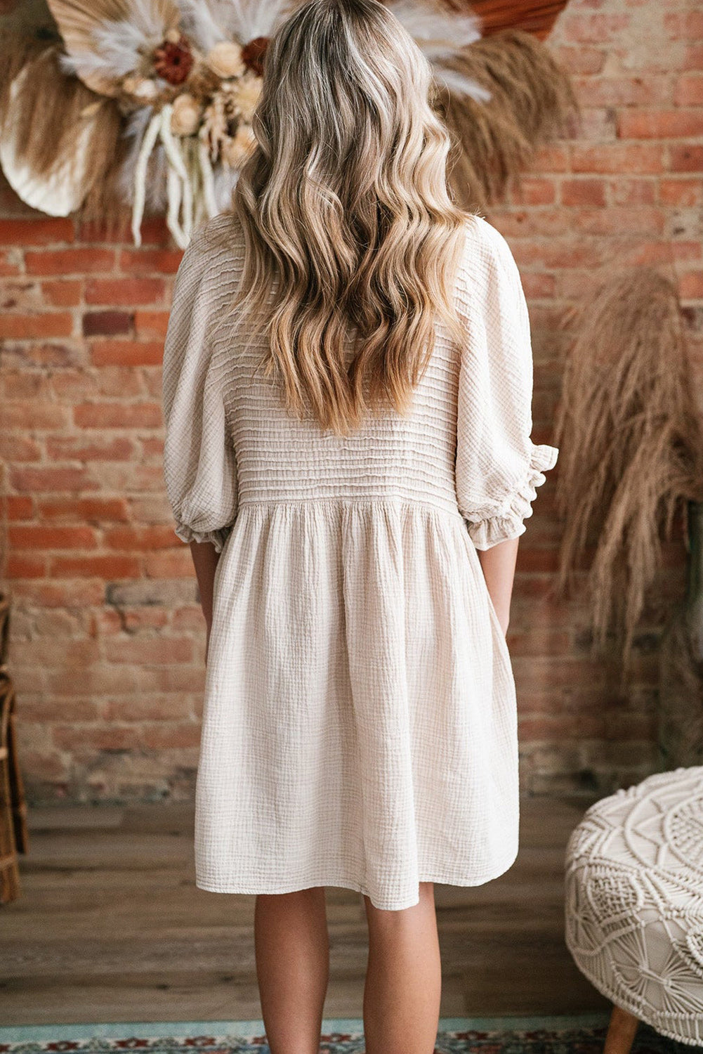 White Textured Ruffled Puff Sleeve Oversized Dress eAura