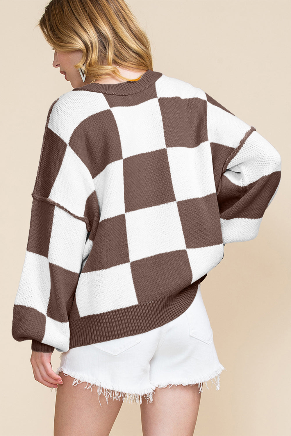 Rose Stripe Checkered Bishop Sleeve Sweater eAura