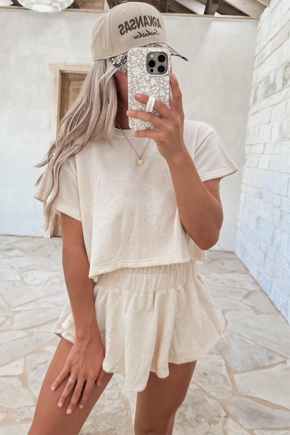 Beige 2pcs Cropped Tee and Ruffle High Waist Skort Set Co-ord eAura