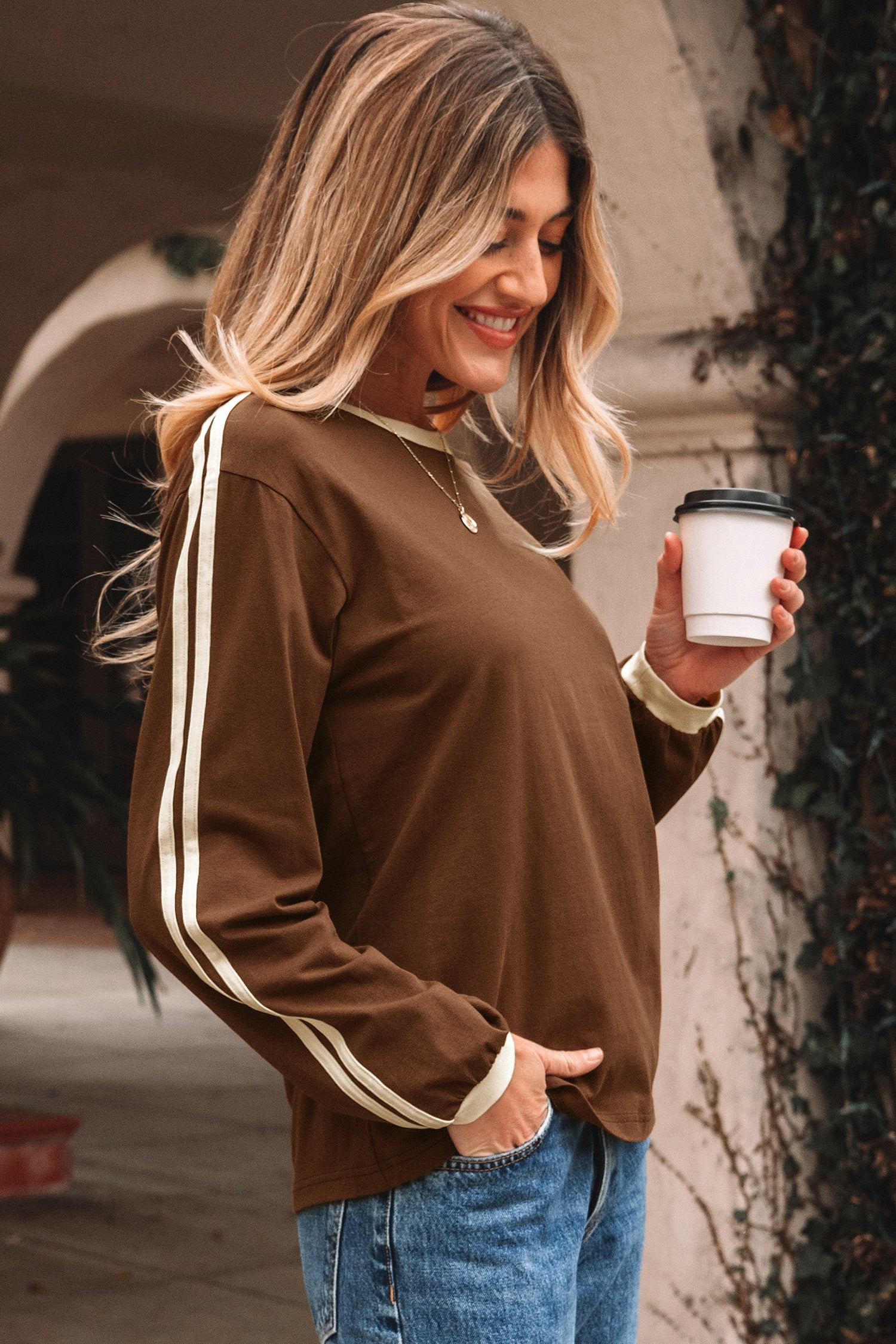 Varsity Striped Accent Contrast Crew Neck Long Sleeve T-Shirt - eAura