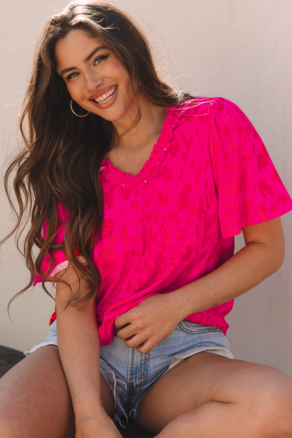 Rose Leopard Frilly V Neck Short Sleeve Blouse eAura