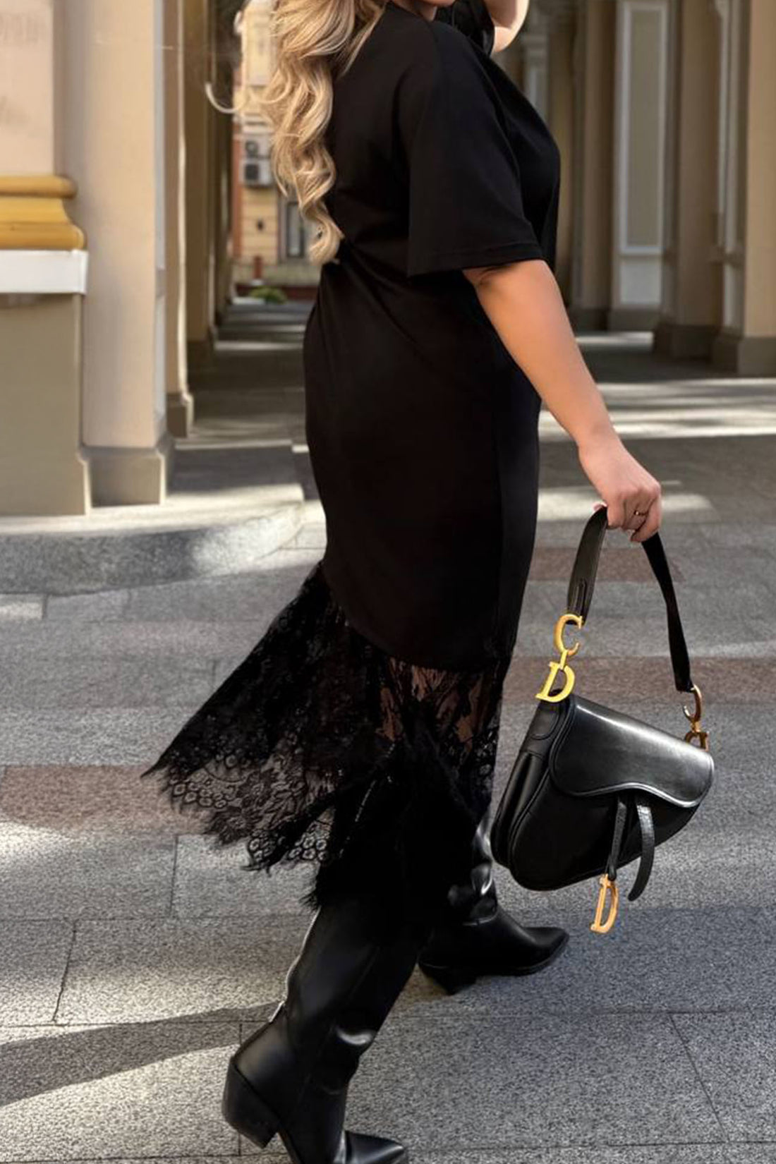 Black Plus Size Lace Hem Patchwork T-Shirt Midi Dress