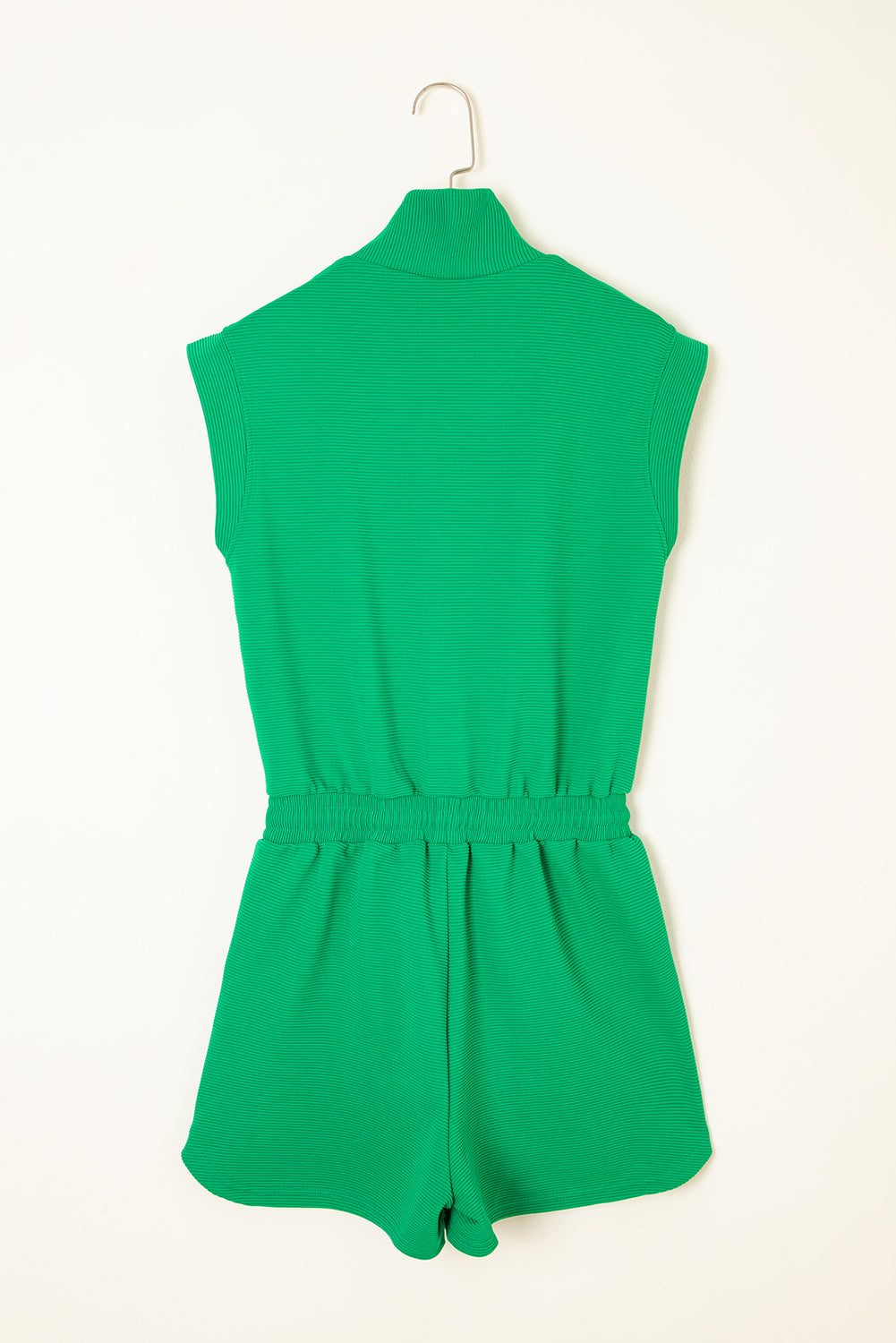 Bright Green Textured Short Sleeve Half Zip Drawstring Waist Romper eAura