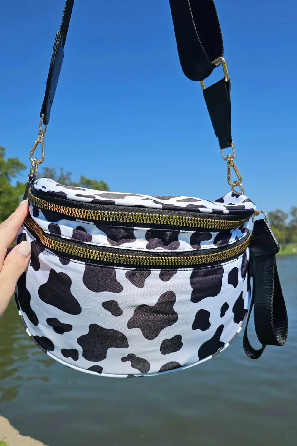Dark Grey Checkered Print Wide Strap Large Crossbody Bag