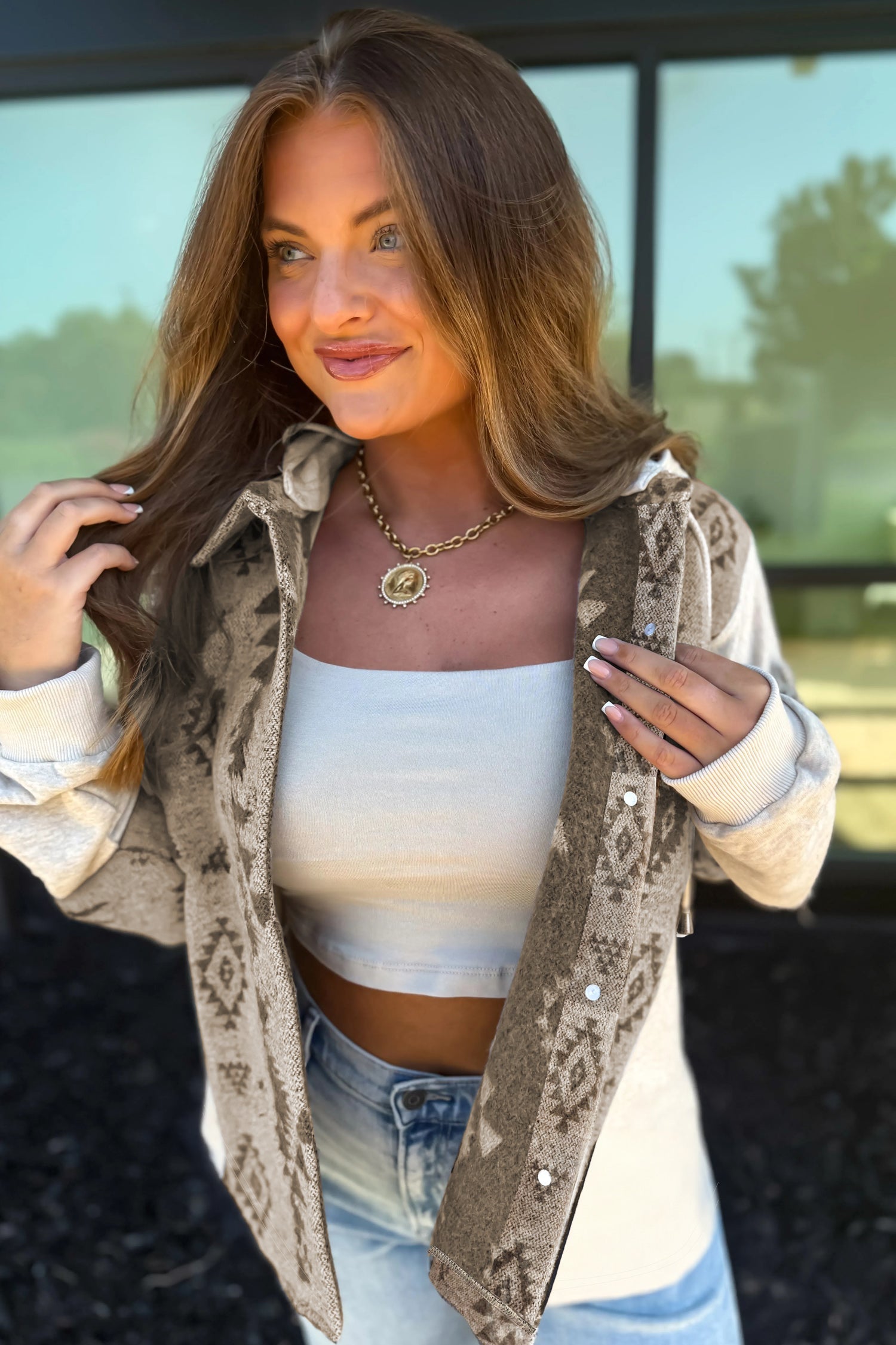 Western Aztec Print Patchwork Drawstring Hooded Shacket - eAura