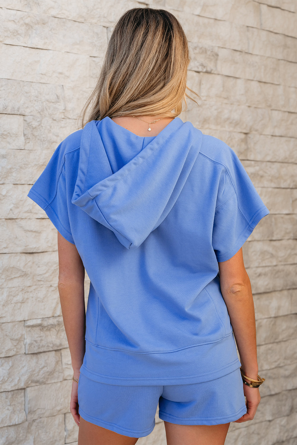 Sky Blue Casual Zipped Short Sleeve Hoodie and Shorts Set eAura