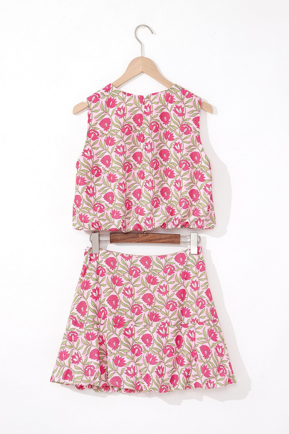Pink Floral Print Puffy Cropped Tank and Mini Skirt Set eAura