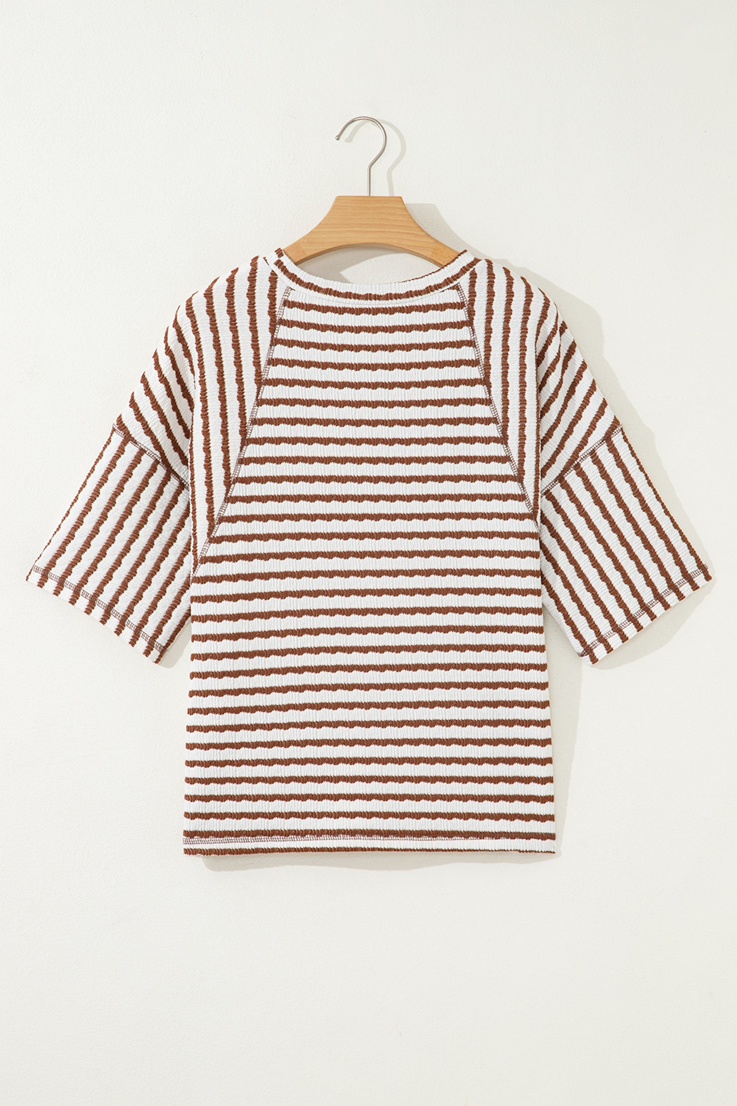 Striped Textured Knit Split Hem Half Sleeve Loose Top