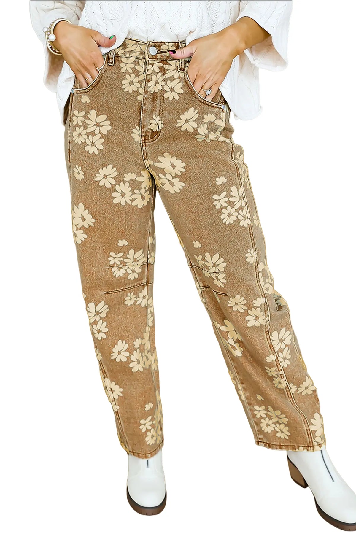Floral Print Metal Button Pleated Straight Leg Jeans – Khaki