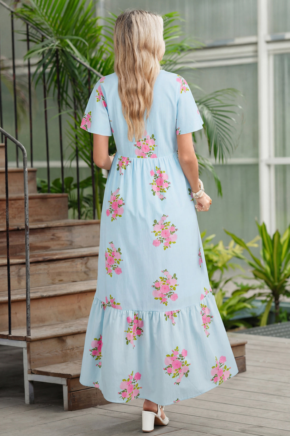 Notched Neck Flutter Short Sleeve Floral Print Maxi Dress