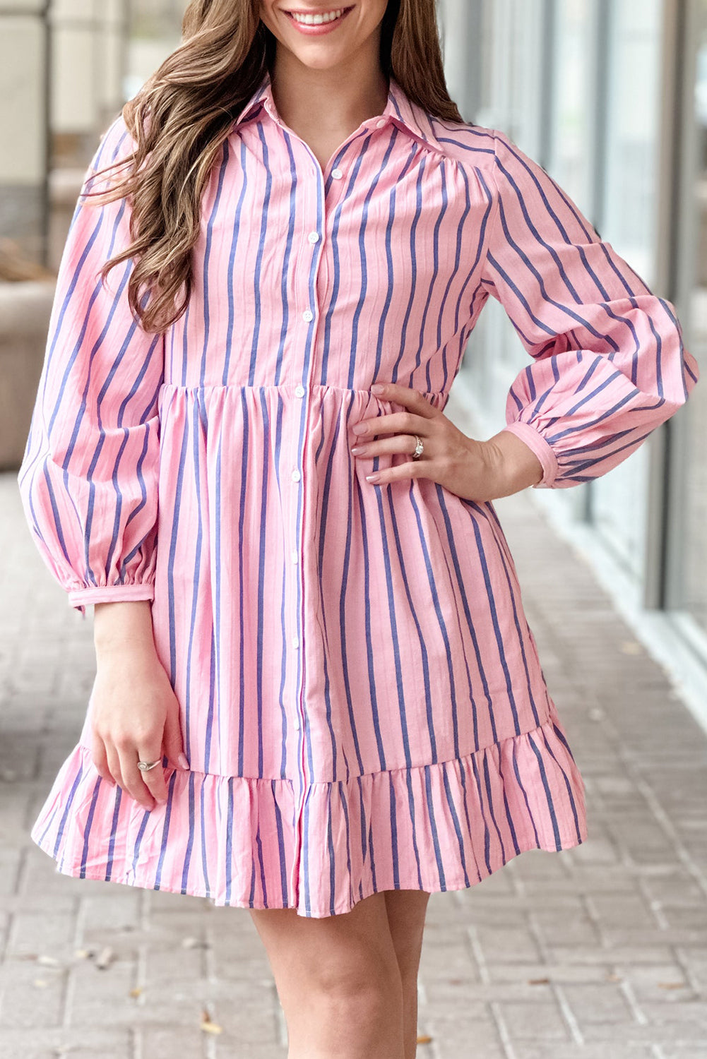 Pink Stripe Ruffled Hem Button-up Collared Shirt Mini Dress Beagle Boutique Fashion Outlet