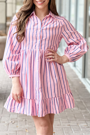 Pink Stripe Ruffled Hem Button-up Collared Shirt Mini Dress Beagle Boutique Fashion Outlet