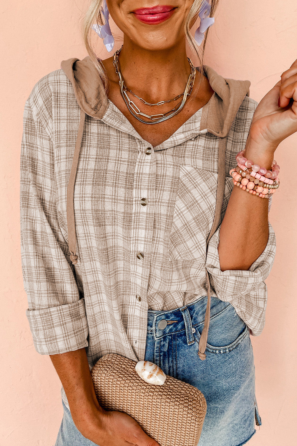 Black Checkered Print Loose Fit Buttoned Hooded Shacket eAura