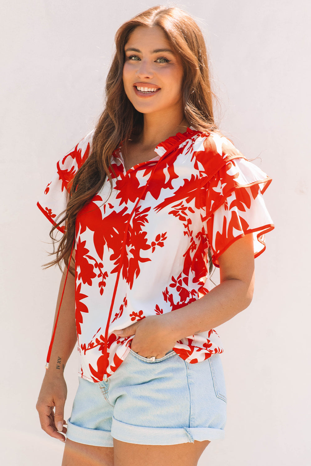 Red Plant Print Tiered Ruffled Sleeve V Neck Blouse eAura
