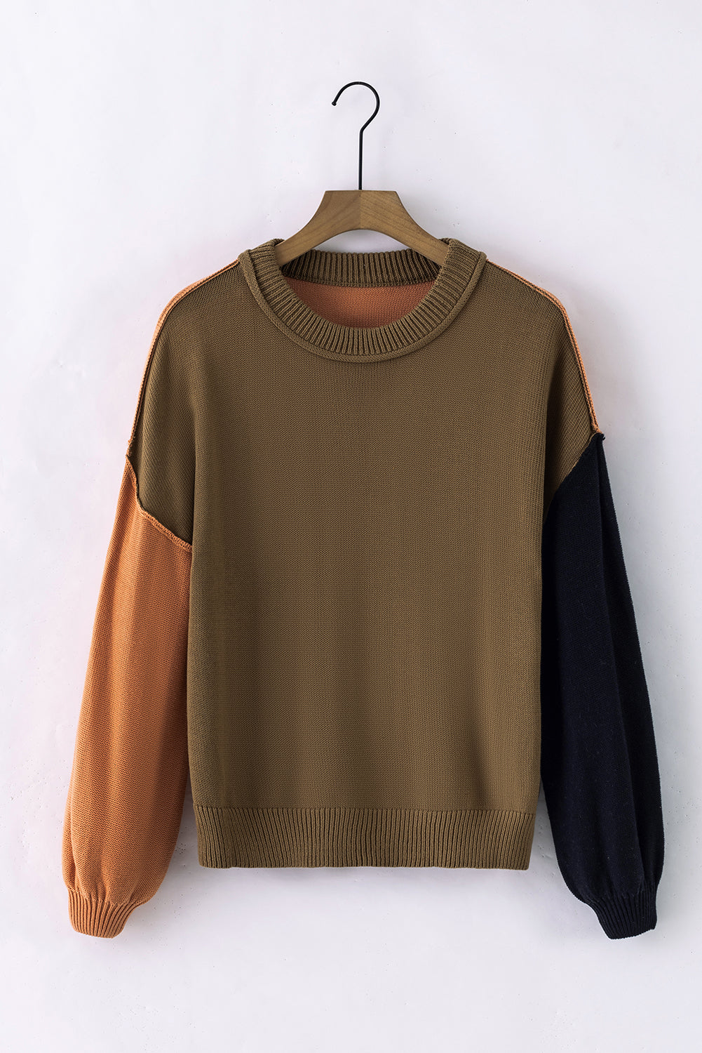 Pink Colourblock Bishop Sleeve Ribbed Trim Sweater eAura