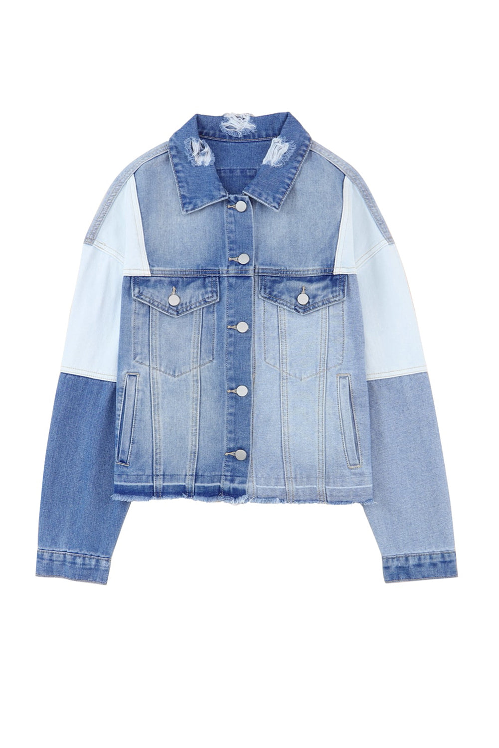 Sky Blue Colour Block Denim Patchwork Frayed Hem Jacket Beagle Boutique Fashion Outlet