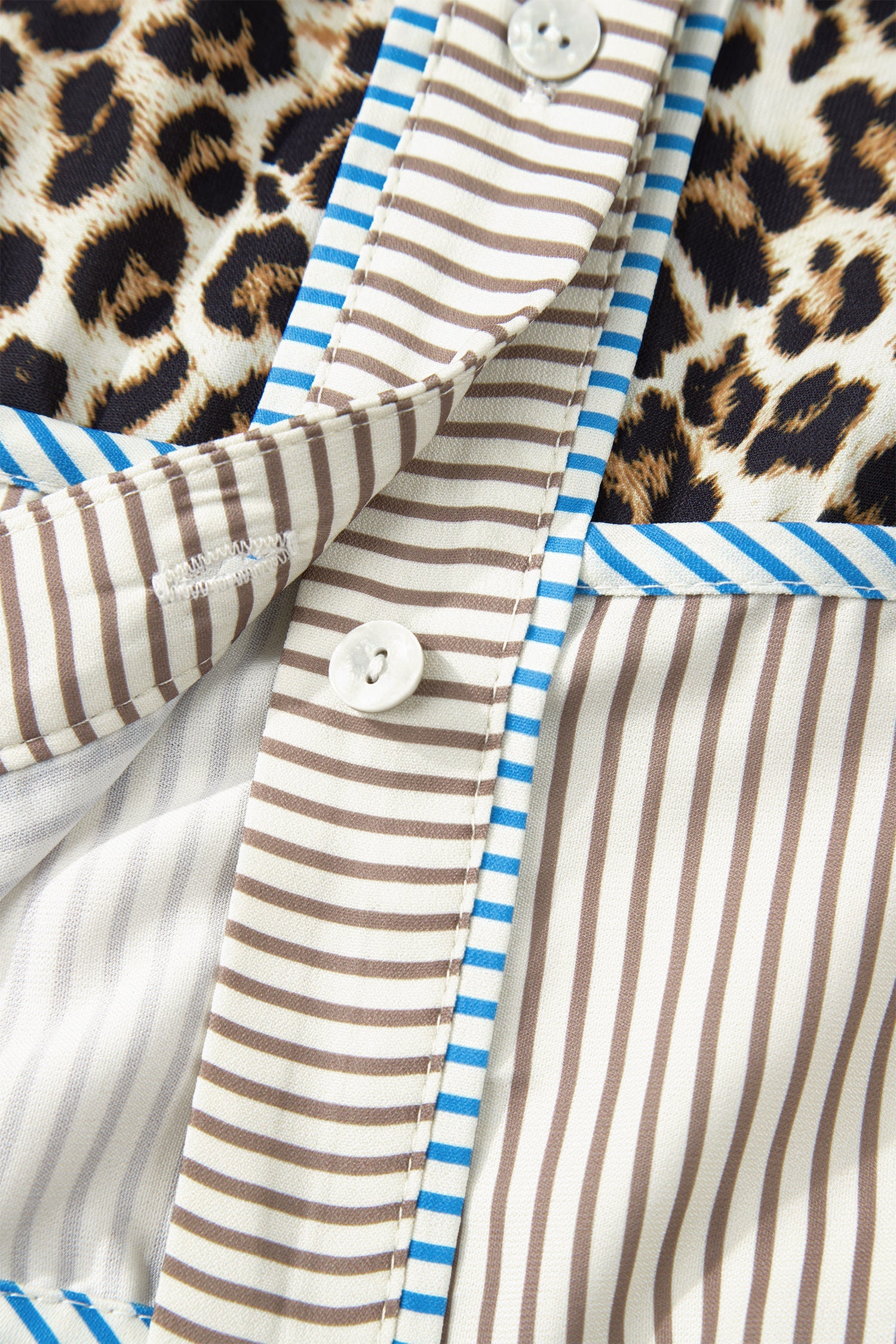 Plus Size Leopard Print Striped Trim V-Neck Drop Waist Long Sleeve Mini Dress - eAura