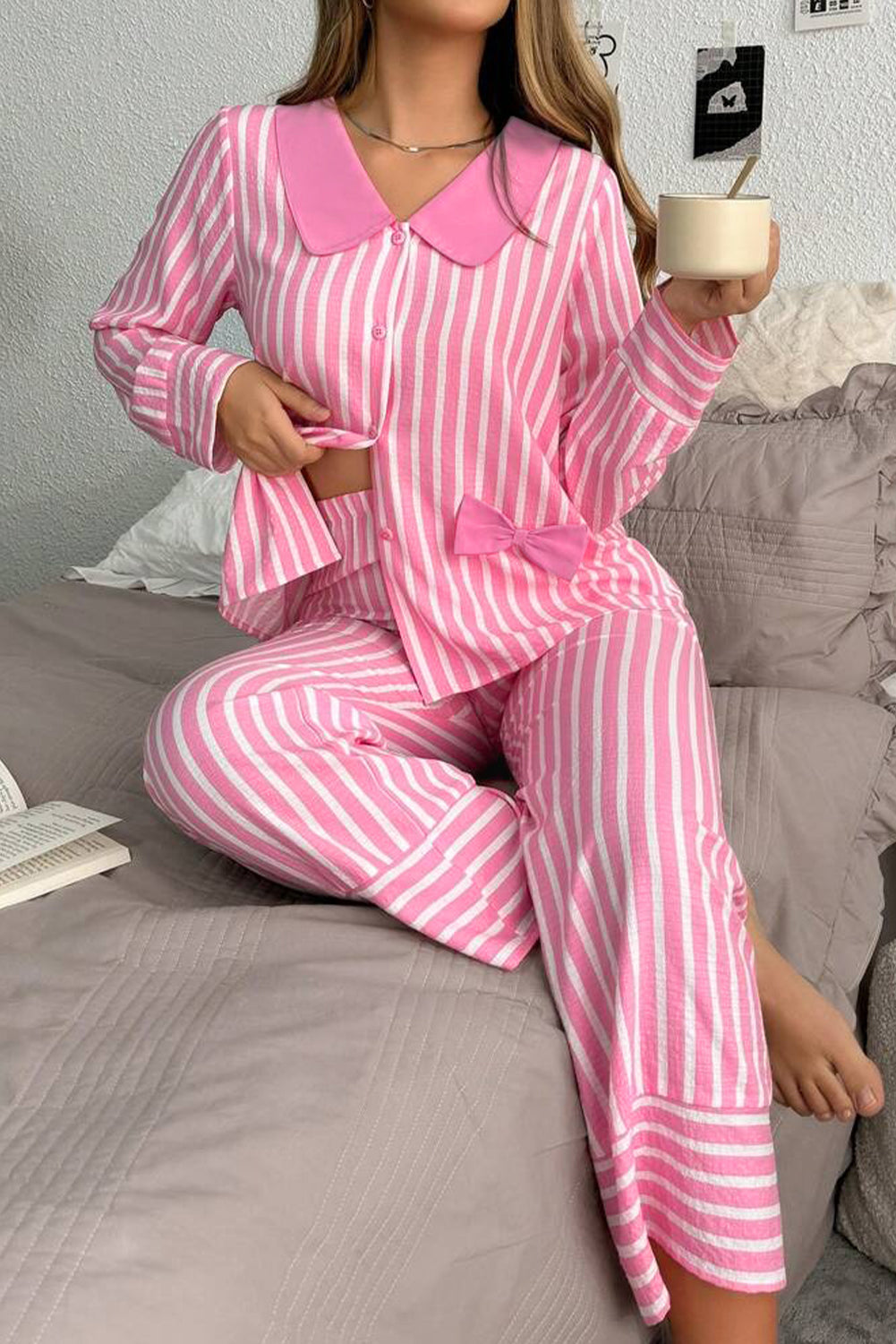 Pink Stripe Long Sleeve Top and Bottoms Pyjamas eAura