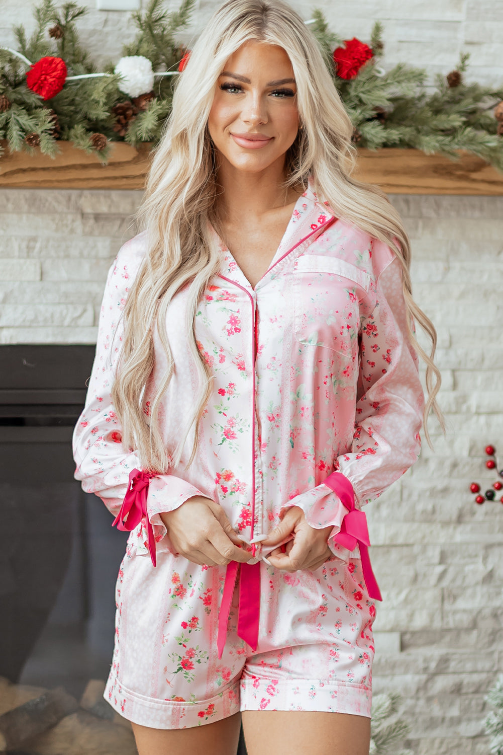 Pink Mixed Floral Print Contrast Piping Trim Satin Tie Pyjama Set - eAura
