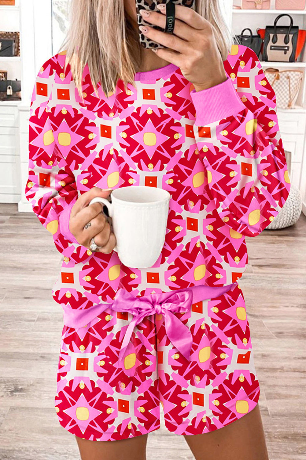 Sachet Pink Geometric Print Long Sleeve Top and Drawstring Shorts Set eAura