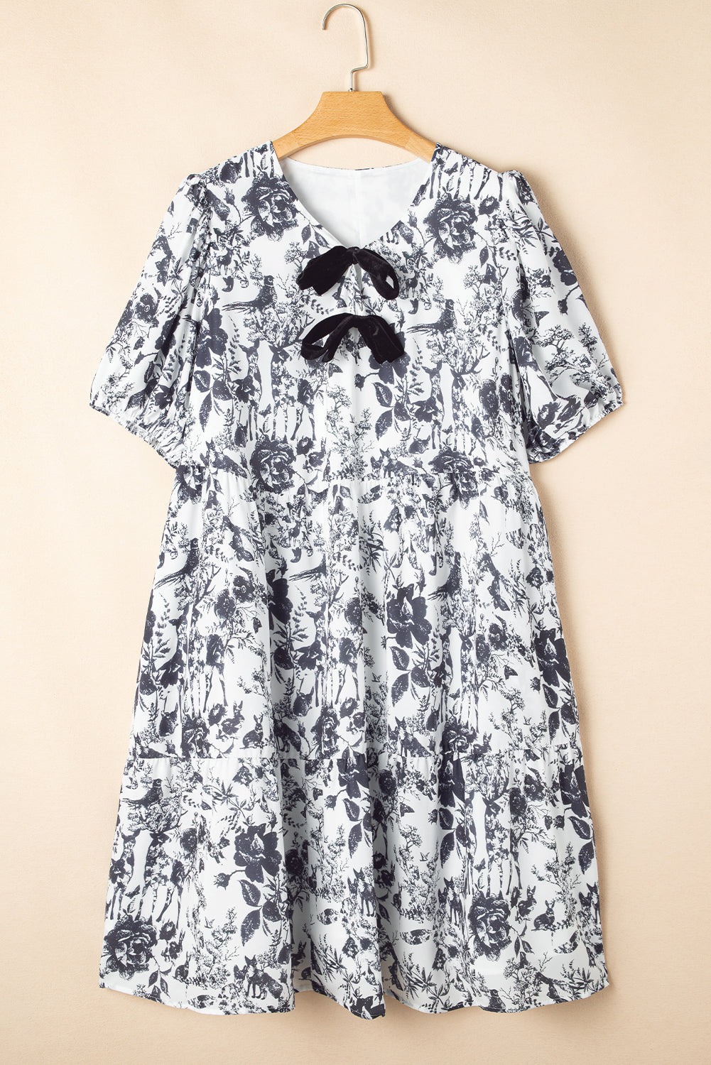 Black Floral Print Bow Detail Puff Sleeve Plus Size Midi Dress BB Fashion Outlet