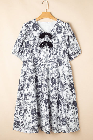 Black Floral Print Bow Detail Puff Sleeve Plus Size Midi Dress BB Fashion Outlet