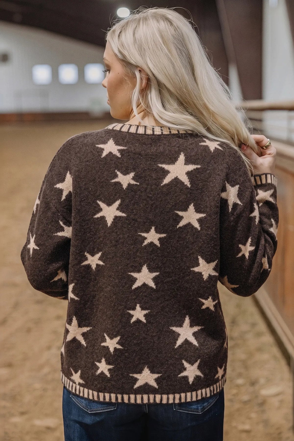 Stars Pattern Colourblock Long Sleeve Shift Cardigan – Brown