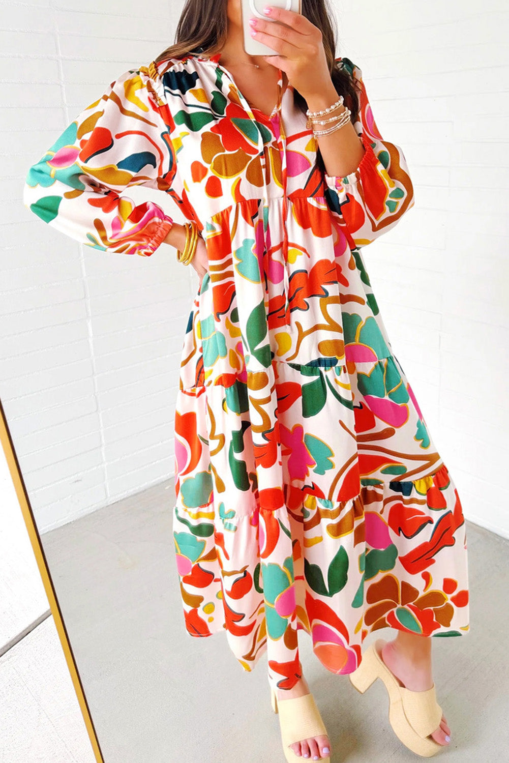 Orange Floral Print Split V Neck Tiered Maxi Dress eAura