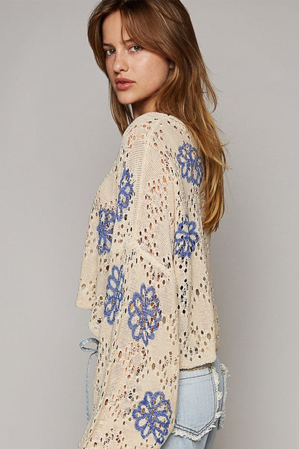 Beige Contrast Flower Print Eyelet Drop Shoulder Sweater eAura