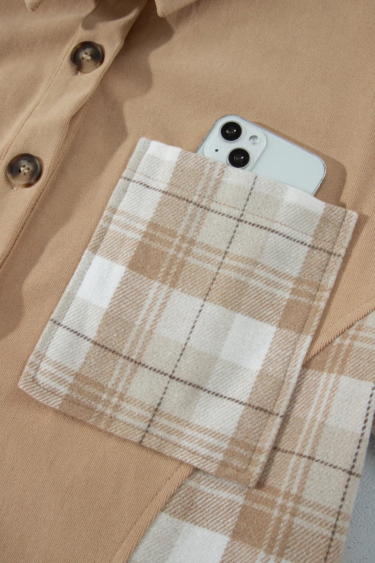 Plaid Colourblock Shirt Collar Shift Shacket – Light French Beige
