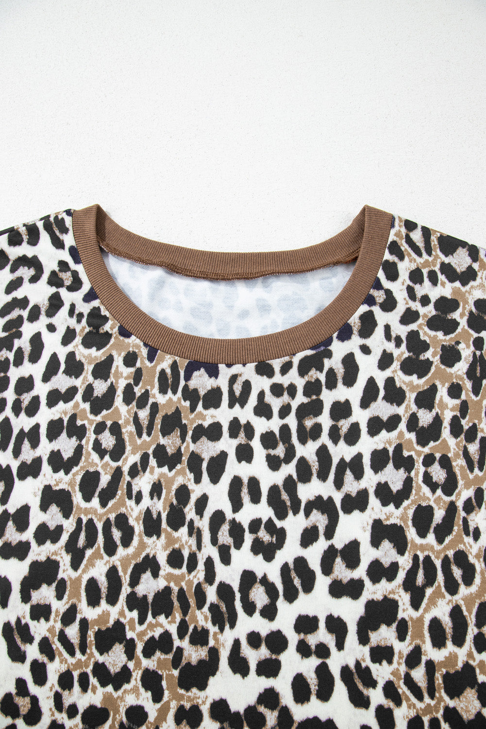Khaki Leopard Contrast Trim Short Sleeve Loose Plus Size Top BB Fashion Outlet