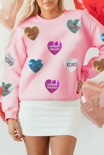 Pink Sequin Romantic Letters Heart Graphic Valentines Sweatshirt eAura