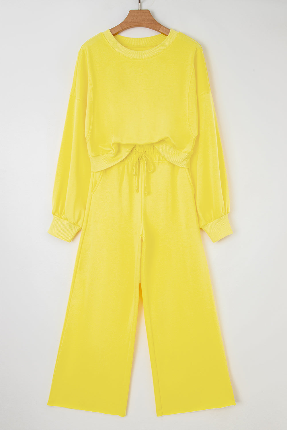 Drop Shoulder Puff Sleeve Crop Pullover and Drawstring Wide Leg Trousers Co-ord Set eAura