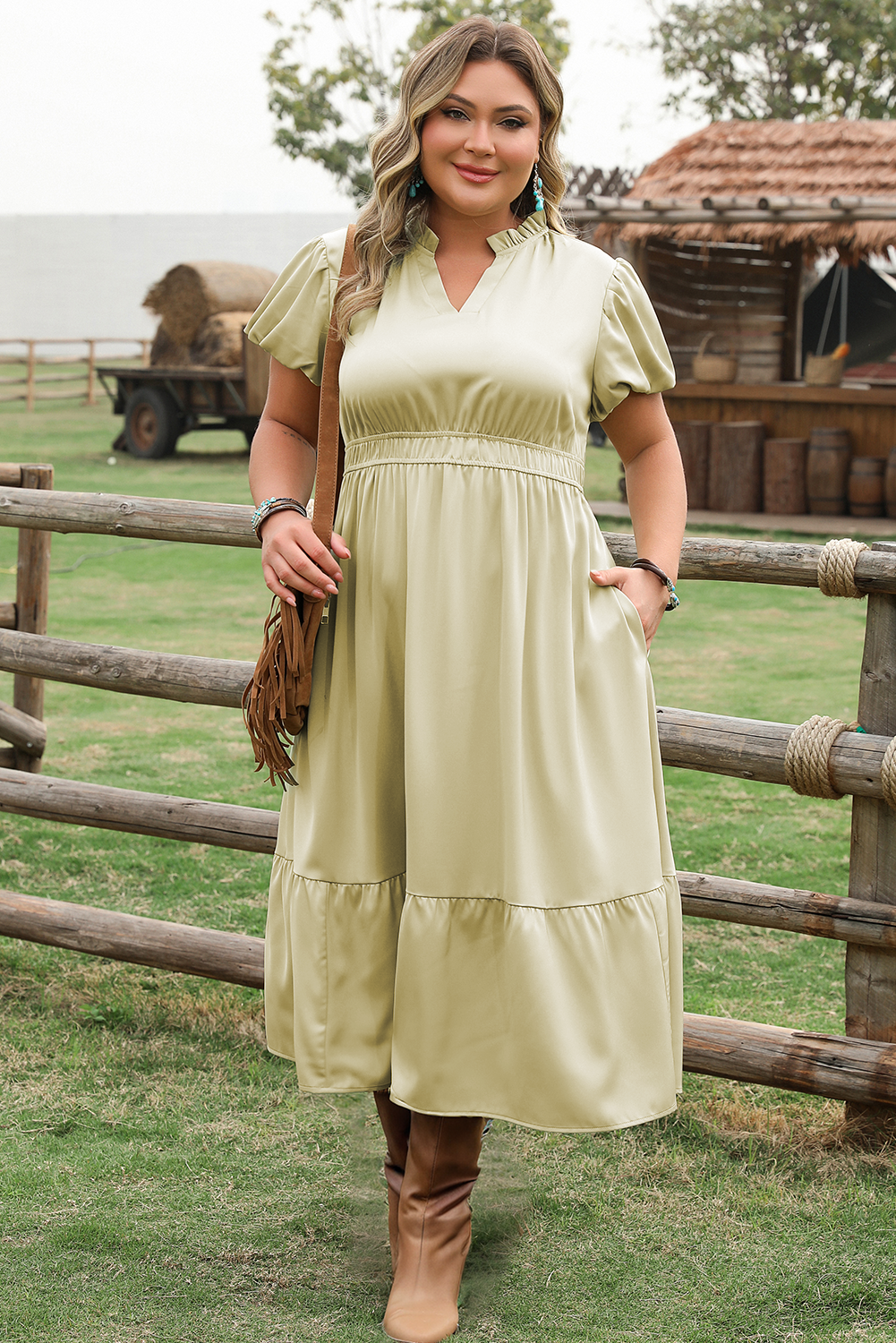 Laurel Green Notched V Neck Puff Sleeve Tiered Plus Size Maxi Dress BB Fashion Outlet