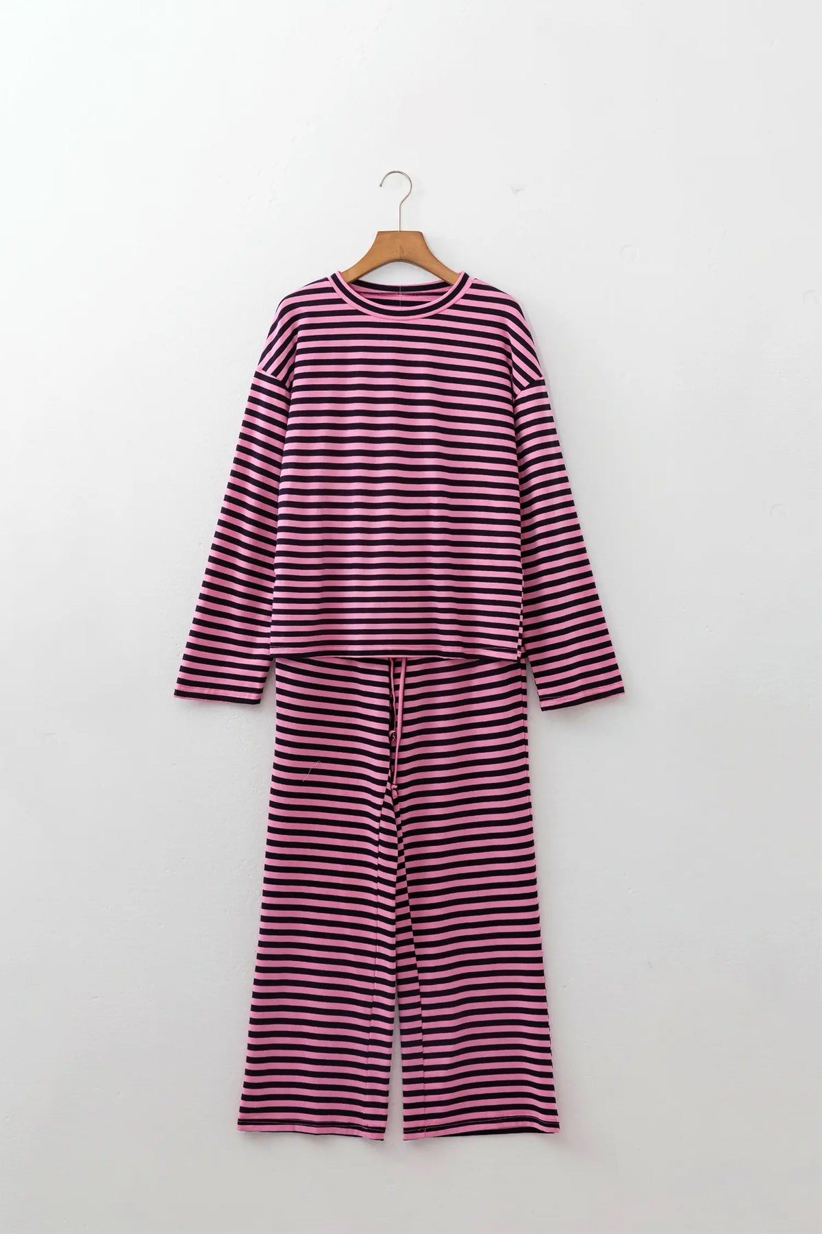 Casual Long Sleeve Top Drawstring Pant Set – Pink Stripe